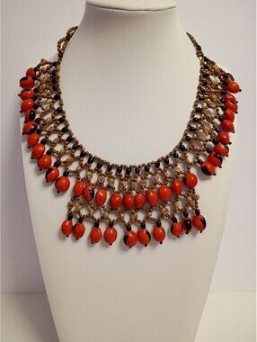 Vintage Tribal Inspired Fall Oranges and Browns Beaded Bib Statement Necklace